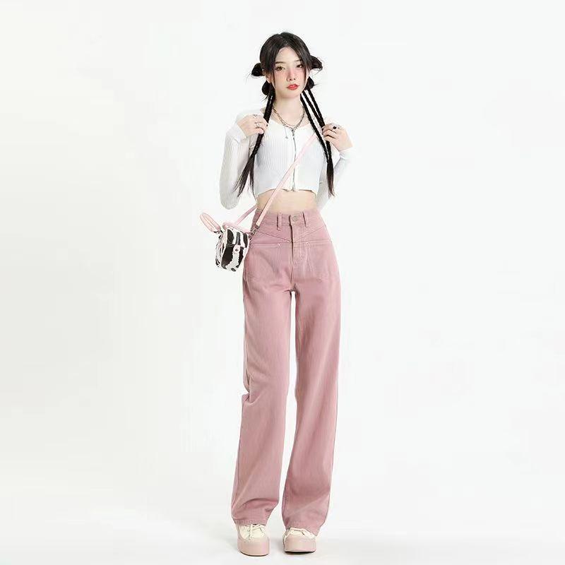 2024 Women's Dirty Pink High-Waist Straight Jeans - Loose, Slim Fit, Trendy Mopping Style
