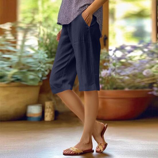 Женские шорты, эластичные, средней посадки, прямые, длиной до колена, с карманами, однотонные, стандартного покроя шорты