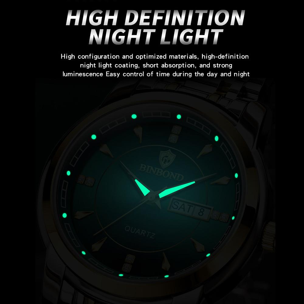 Мужские часы, модные золотые кварцевые часы для мужчин, нержавеющая сталь, водонепроницаемые, светящиеся наручные часы, дата, неделя