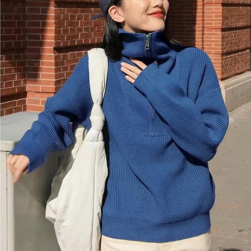 Новые осенние и зимние топы, свободный повседневный свитер с длинными рукавами, женский вязаный свитер с половиной молнии, женский свитер