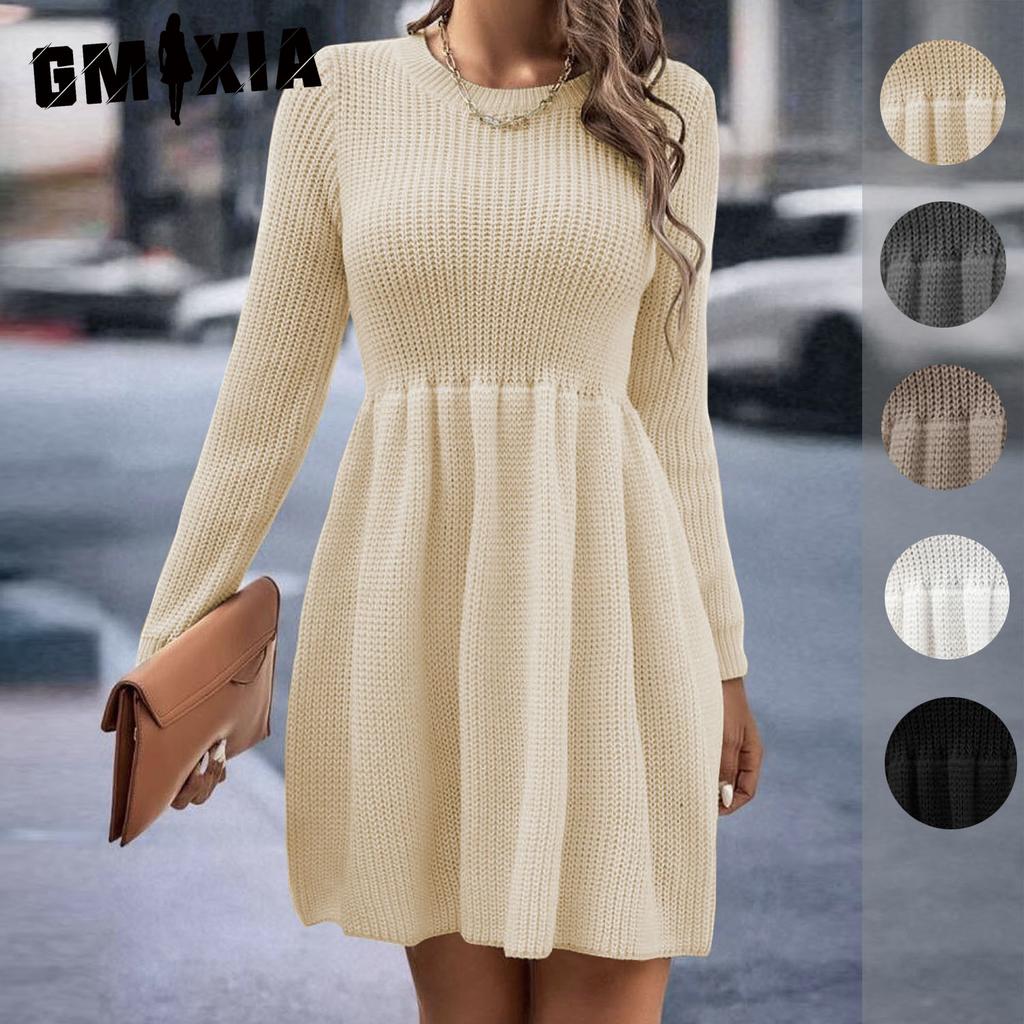 GMXIA Autumn Winter Long Sleeve  Women's Solid Color Doll Sweater Dress Women
