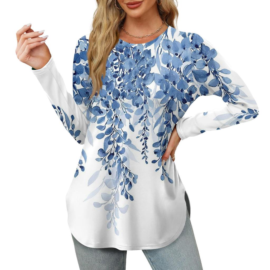 Женские рубашки с длинным рукавом и круглым вырезом, базовые свободные туники с боковым разрезом, повседневные рубашки с цветочным принтом