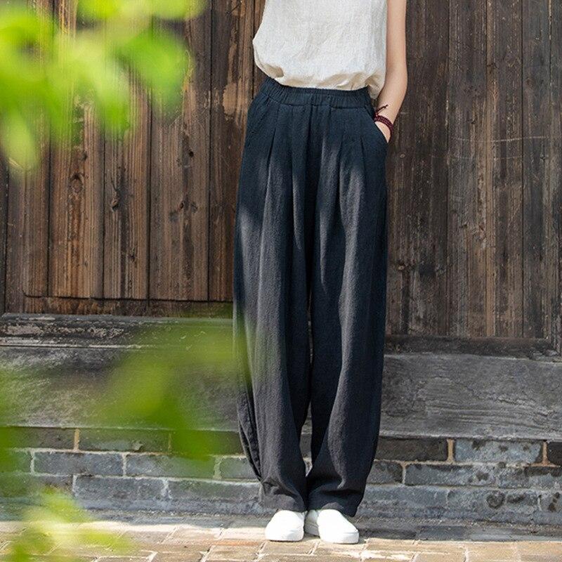 Women Loose Cotton Linen Casual Pants Solid Color Elastic Waist Lantern Pants Autumn Winter Simple Trousers