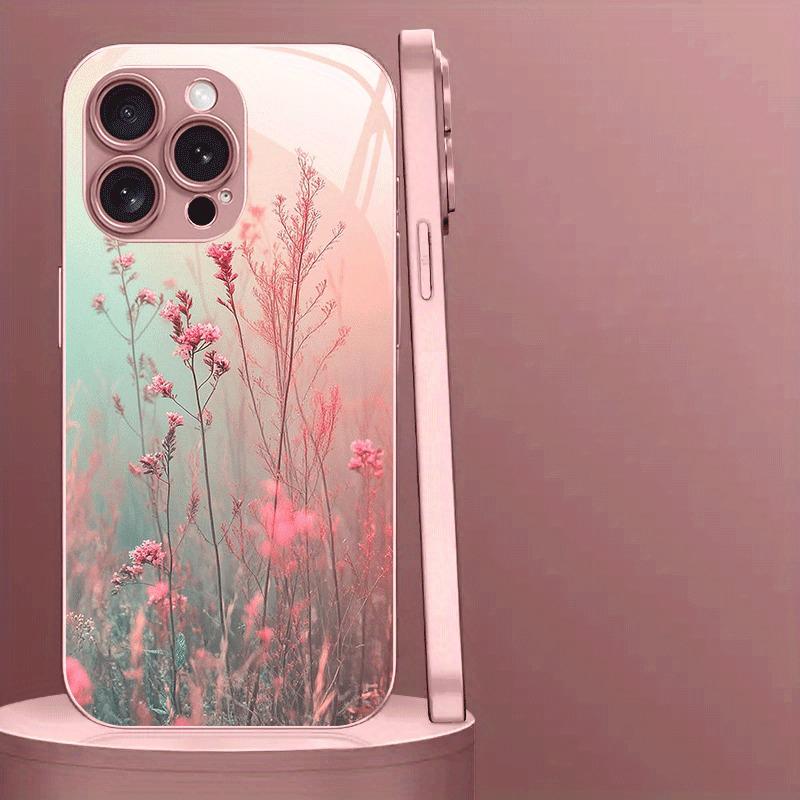 Элегантный розовый цветочный узор Розовый металлический цвет Стеклянный чехол для телефона Для iPhone 17 16 15 14 13 12 11 Pro Max Plus 16E 17Air Чехол