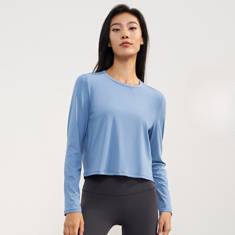 Осенне-зимняя одежда телесного цвета для йоги с длинным рукавом и коротким круглым вырезом, одежда для фитнеса, для отдыха на открытом воздухе, свободные спортивные топы