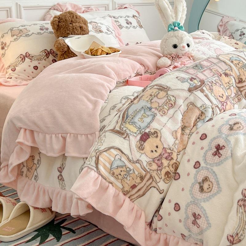 Thickened Milk Fleece Four-Piece Set, Fleece Quilt Cover, Bedding, Coral Flannel Bed Sheet Three-Piece Set