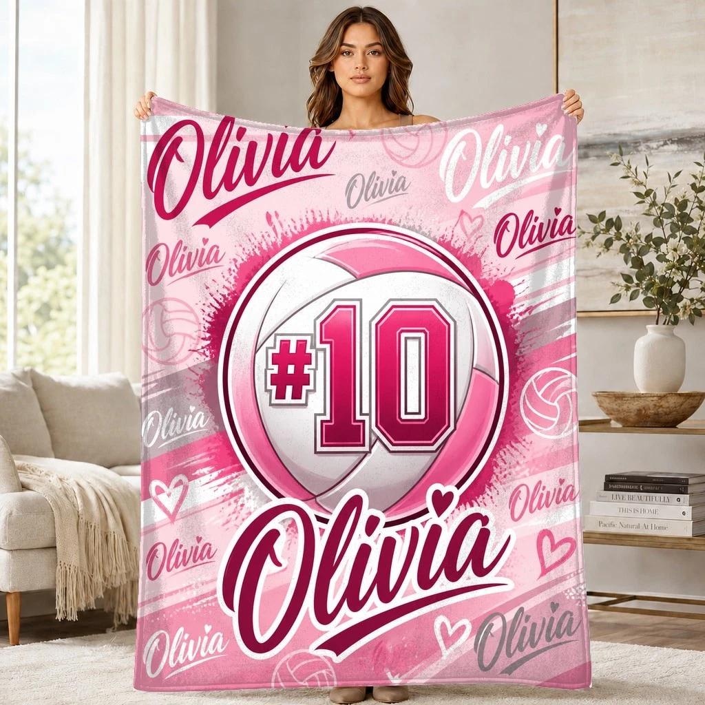 Olivia 10 Volleyball Coral Fleece Blanket Sports Name Decor