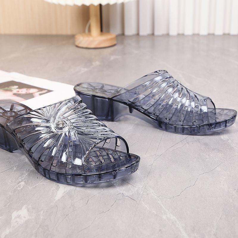 Модные крутые шлепанцы для женщин летом, противоскользящие, толстые, пластиковые, для улицы, прозрачный клиновидный каблук, увеличение роста