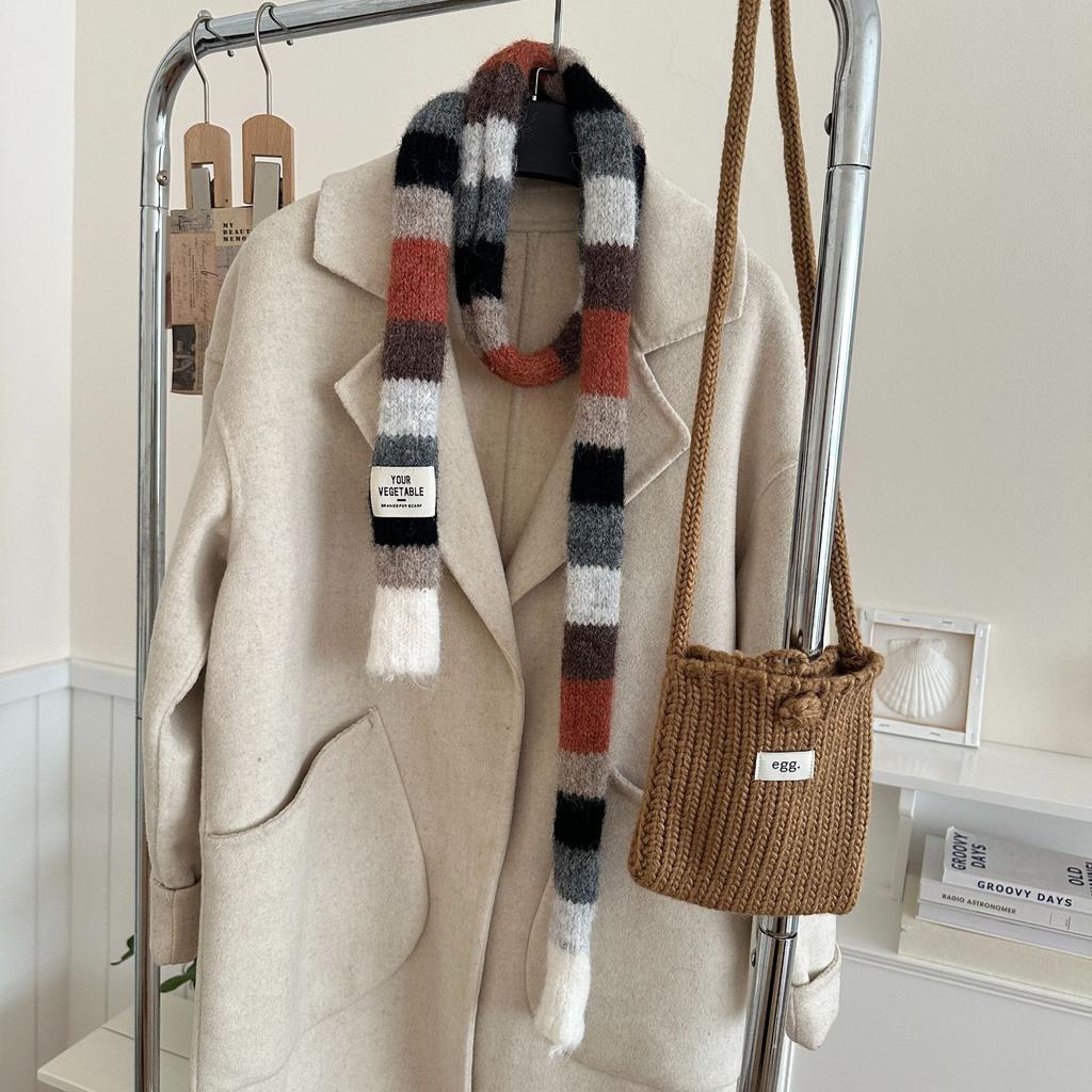 Korean Y2K Striped Scarf Knitted Wool with Colorful Splicing Contrast Long Narrow Scarves Sausage Thin Scarf Winter Scarves Wrap