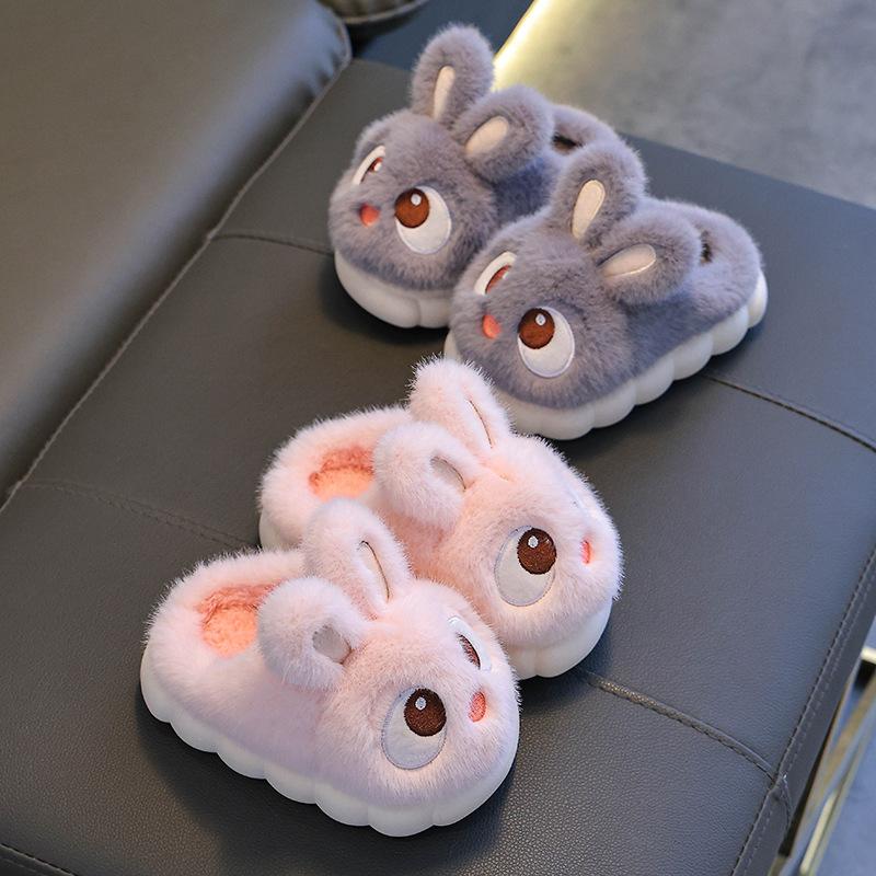 Kids Plush Bunny Ears Slippers Warm Fleece Lined Non-Slip Infant Toddler Boys Girls House Shoes