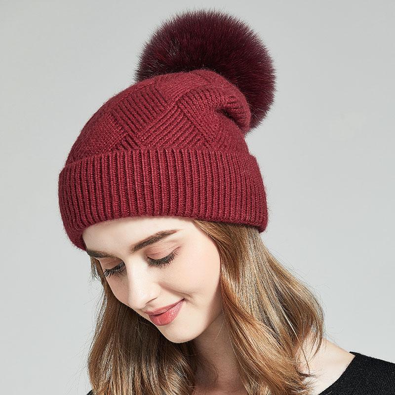 Winter Women Fur Pom Pom Knitted Beanie Hats Warm Wool Cashmere Beanie Bobble Hat Factory