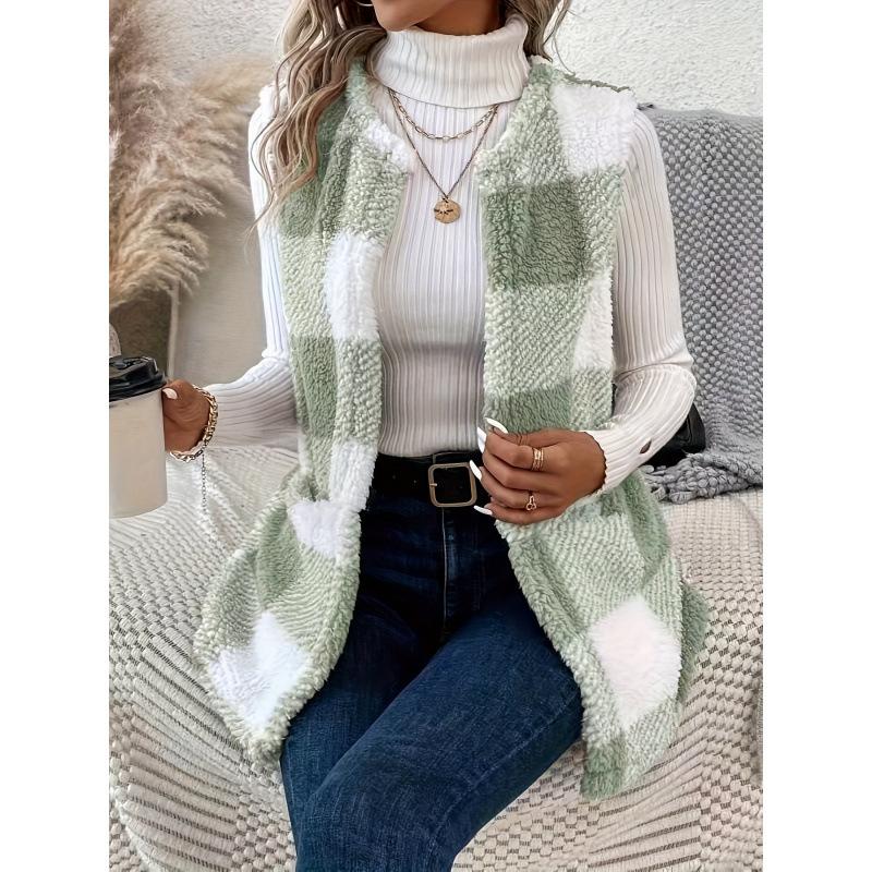2025 Winter Plaid Print Double-Sided Plush Buttonless Pocket Cardigan Casual Women's Vest