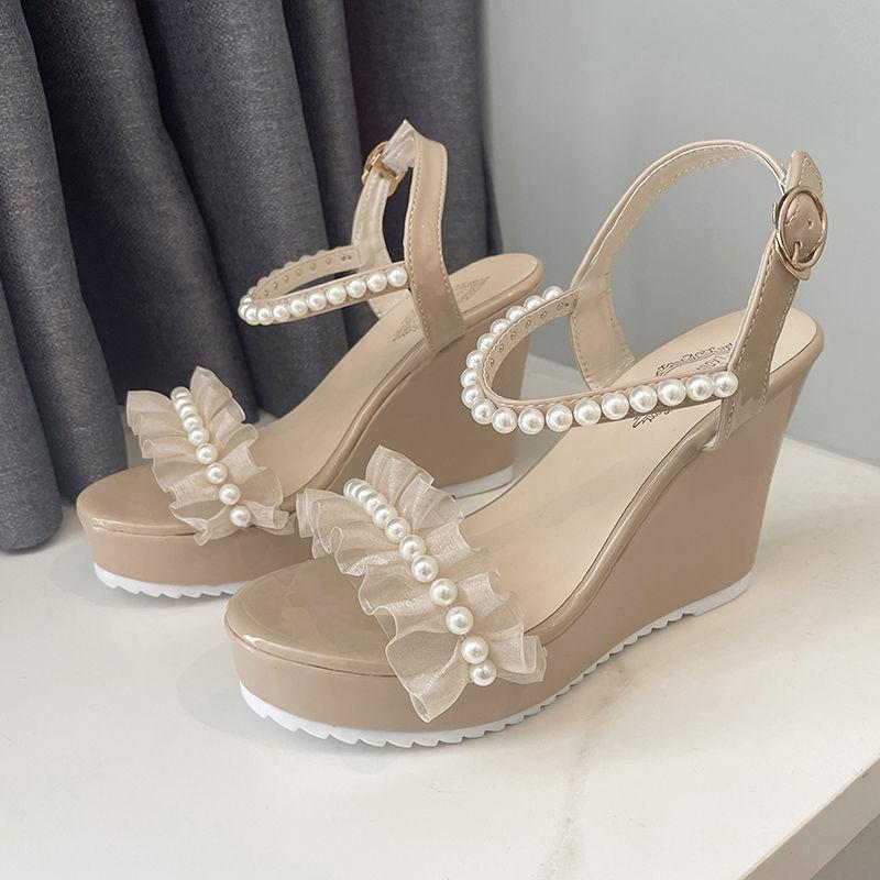 Fashion Pearl Women's Sandals Black Platform Ladies Shoes Lace Wedges Heel New Breathable Fashion Asian Size Pvc Wholesale High Quality
