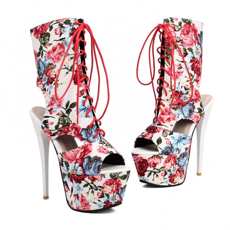 Foreign Trade Large Size Nightclub Style Super High Heel Sandals Sexy Lace-up Waterproof Table Women's Shoes Waterproof Table Thick Heel Catwalk W