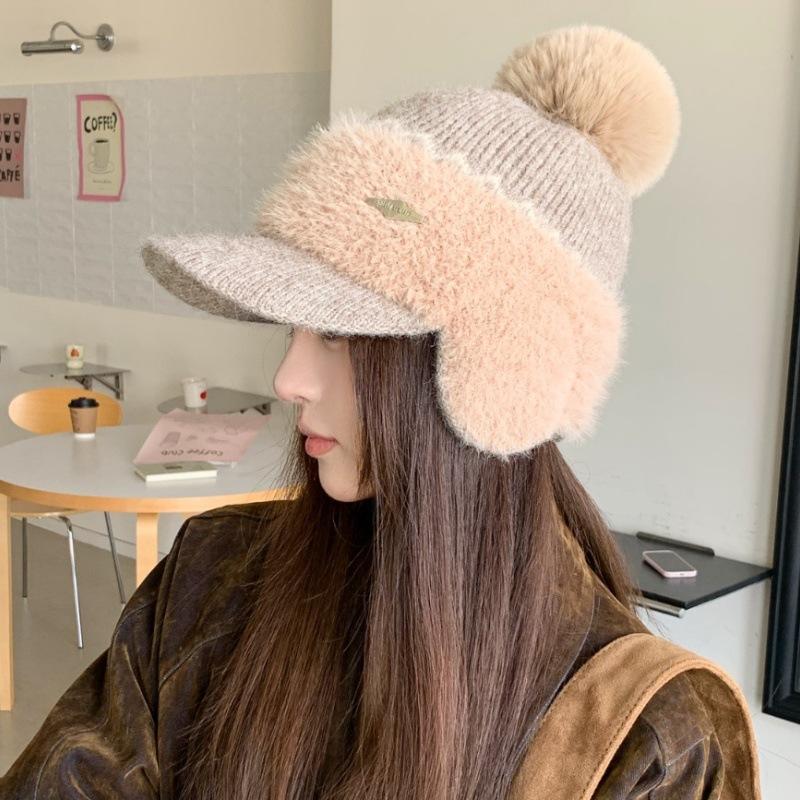 Autumn and winter thickened ear bag rabbit fur baseball bag head hat women's versatile casual ear protection fleece knitted cap