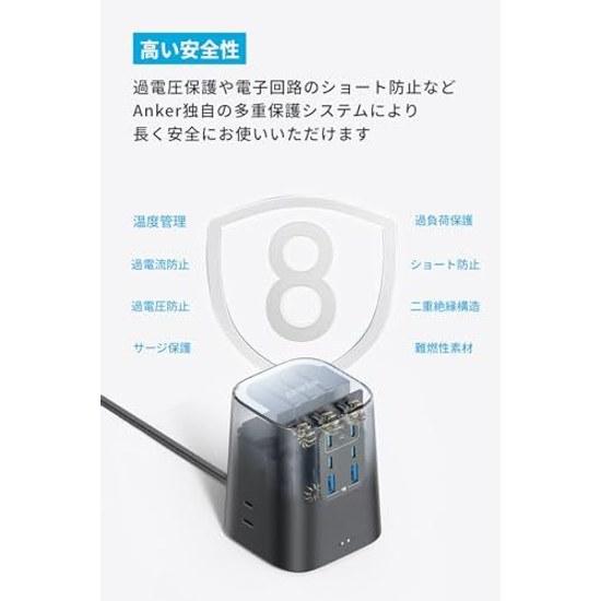 Зарядная станция Anker (9-в-1 100 Вт) USB-разветвитель питания 3 розетки переменного тока 4 порта USB-C 2 порта USB-A Удлинитель 1,5 м Черный