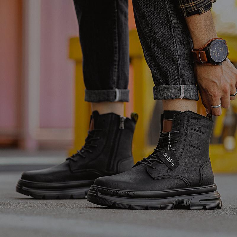 Fashion Genuine Leather Men's Boots Retro and High-quality Styles Leisure Business and Office Luxury High Top Leather Shoes Black