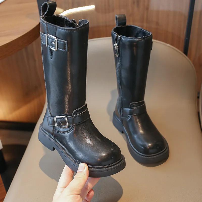 Korean Style Children Leather Boots Warm 2024 Autumn Girls Riding Boots Drop Shipping Black Kids Black Princess Catwalk Boots