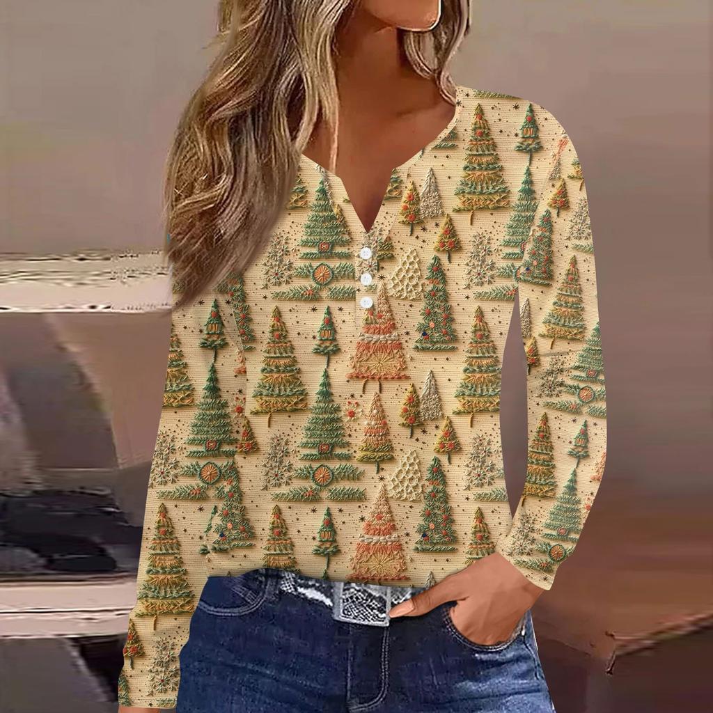 Женская модная повседневная футболка с длинным рукавом и V-образным вырезом на рождественском принте на пуговицах