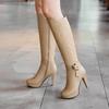 Телесно-коричневый цвет Зрелые элегантные женские туфли Зима Высокие каблуки Круглый носок Платформа Ботфорты до колена Тонкие сапоги Ремень с пряжкой Дизайнерские сапоги