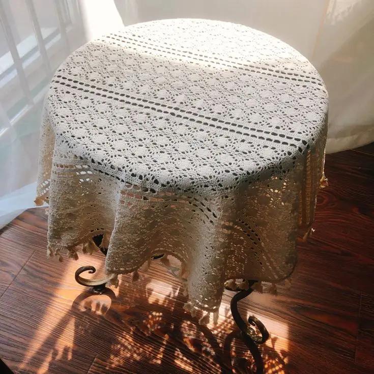 Вязаная крючком кружевная выдолбленная скатерть прикроватная тумбочка для телевизора, холодильника, декоративная крышка с белой бахромой, квадратная настольная ткань