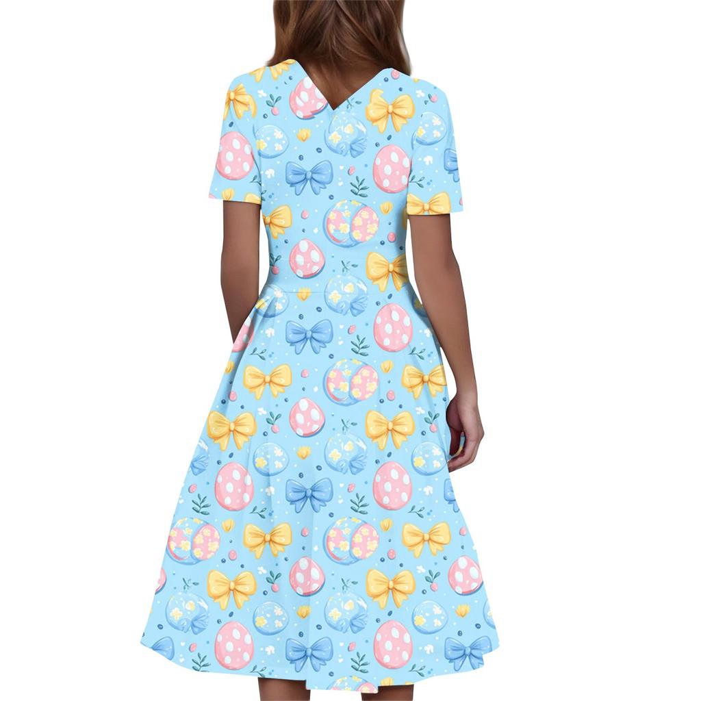 Женское повседневное модное платье с пасхальным принтом, круглое платье с коротким рукавом и талией, средней длины (с молнией)