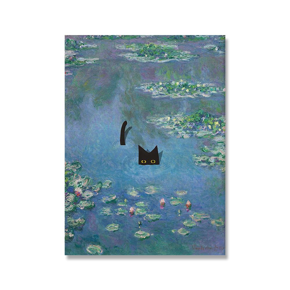 Cat Bathing In The Pond Of Water Lillies Abstract Landscape Wall Art Monet Canvas Painting Poster Print Picture Room Home Decor