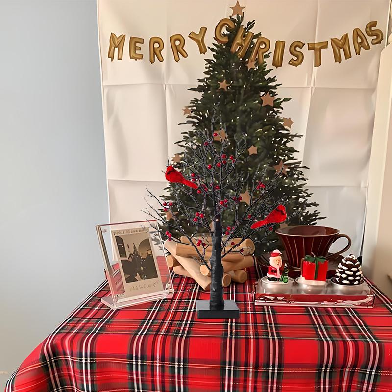 Винтажное светящееся дерево с кардиналами, Деревья с кардиналами, Деревья с красными птичками, Рождественская елка с ягодами