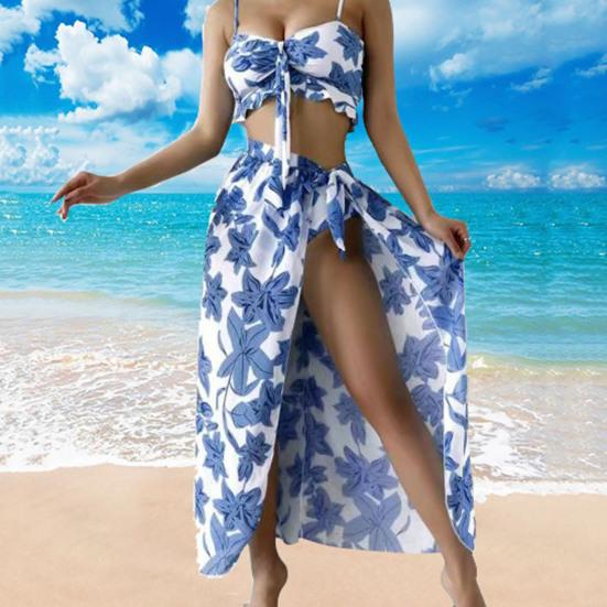 Длинная юбка Купальники Шикарный сладкий женский купальник из трех частей с рюшами