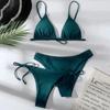 Women's Summer Fashion Sexy Solid Color Backless Lace-up  Waist Adjust Buckle Sling  Bikini Three-pieces Swimsuit