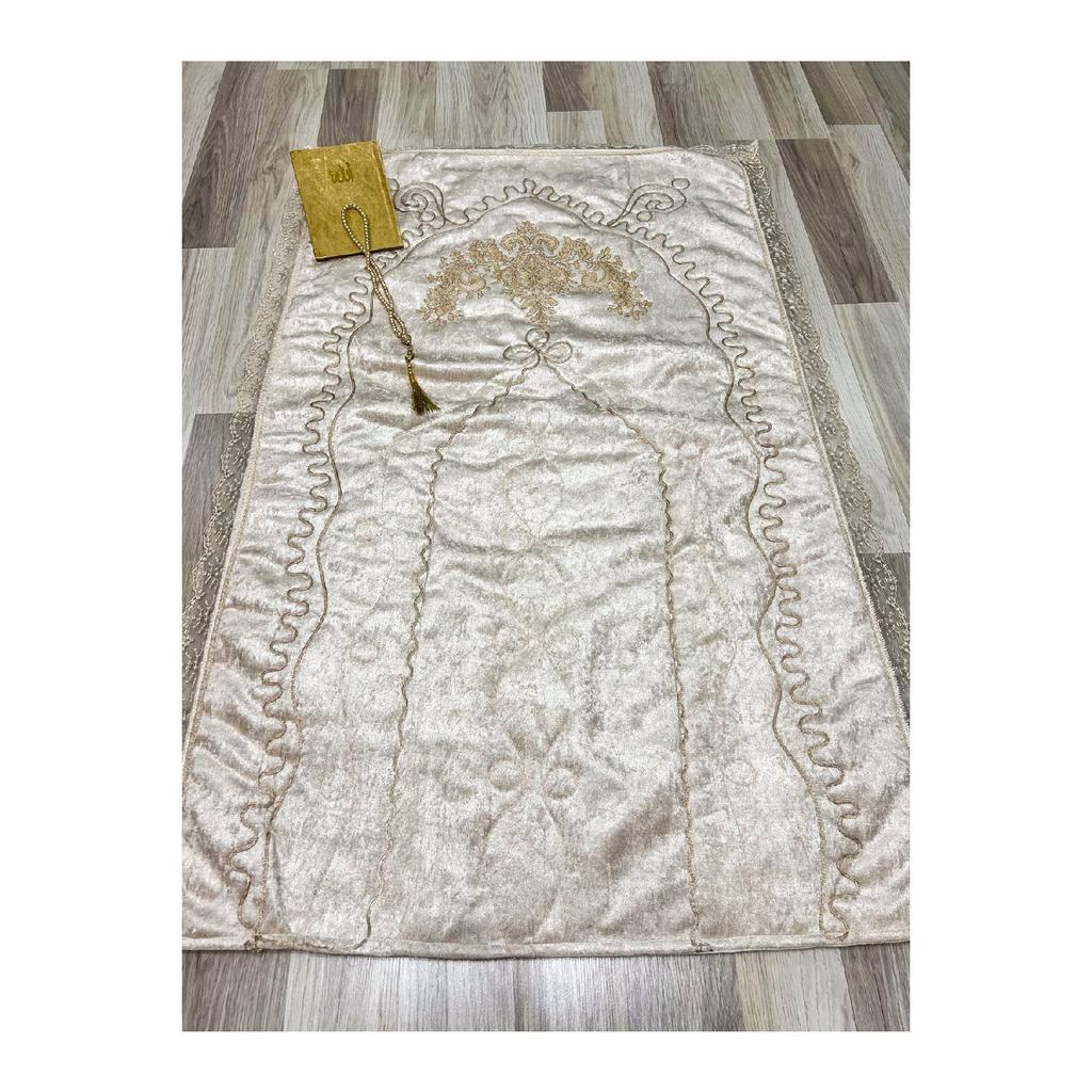 French Laced 3 Piece Embroidered Velvet Dowry Bridal Set Prayer Rug