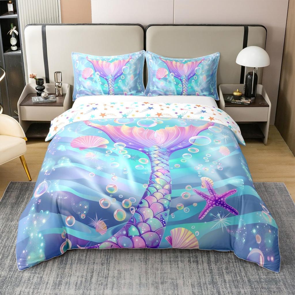 Cute Mermaid Tail Duvet Cover Set Queen King Size Fairy Tale Themed Princess Bedding 3 Pcs For Girls Bedroom Decor Super Soft