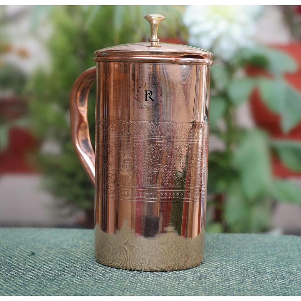 Pure Copper Jug - 1L Hand Made | with Beautiful Embosed Engraving | Copper Pitcher with Ayurvedic Health Benefits | Improved Water Taste