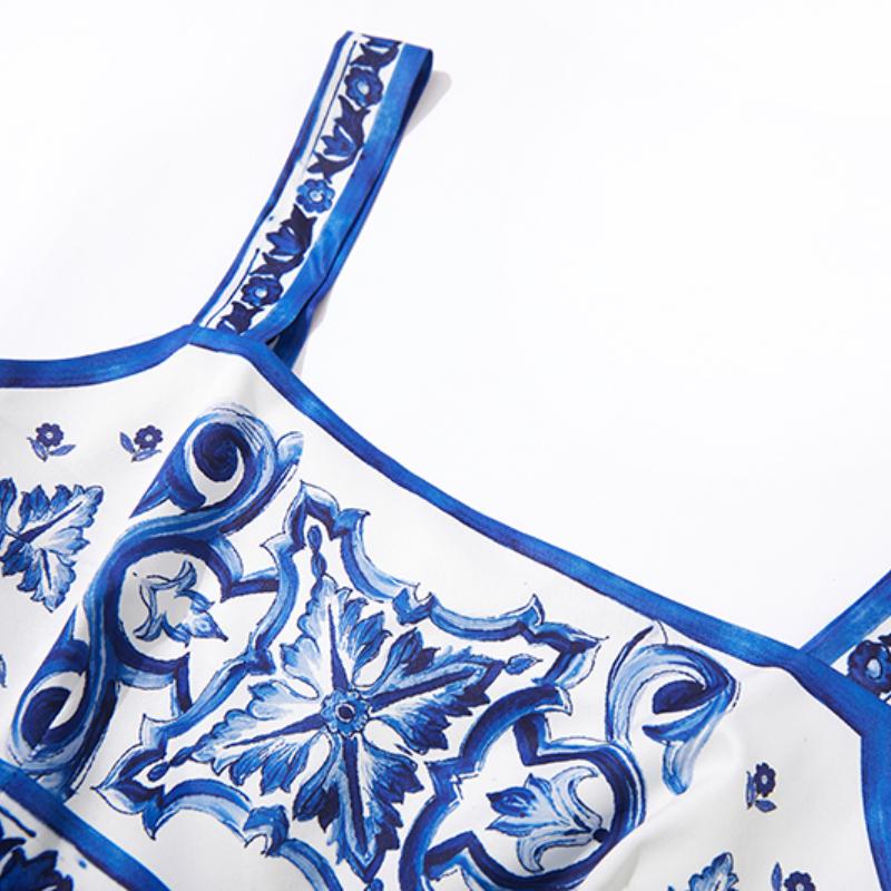 Элегантный комплект из двух предметов с фарфоровым узором, женский короткий укороченный топ с цветочным принтом, плиссированные макси-юбки, костюмы, женские лоскутные винтажные комплекты с ремешками, 2024