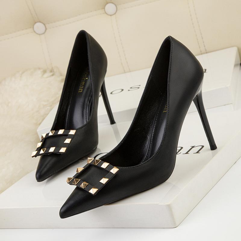Fashion Women's Black Pointed Toe High Heels Stiletto Shoes with Metal Rivets Square Buckle New Leather Work Shoes