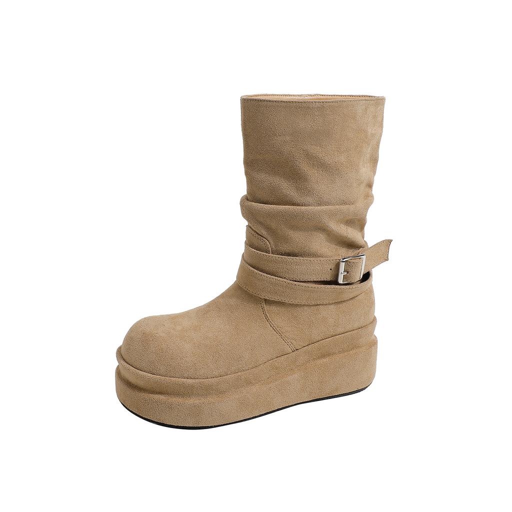 Cowhide version~ American retro suede big head belt buckle short boots autumn and winter simple and not tired feet round head western boots