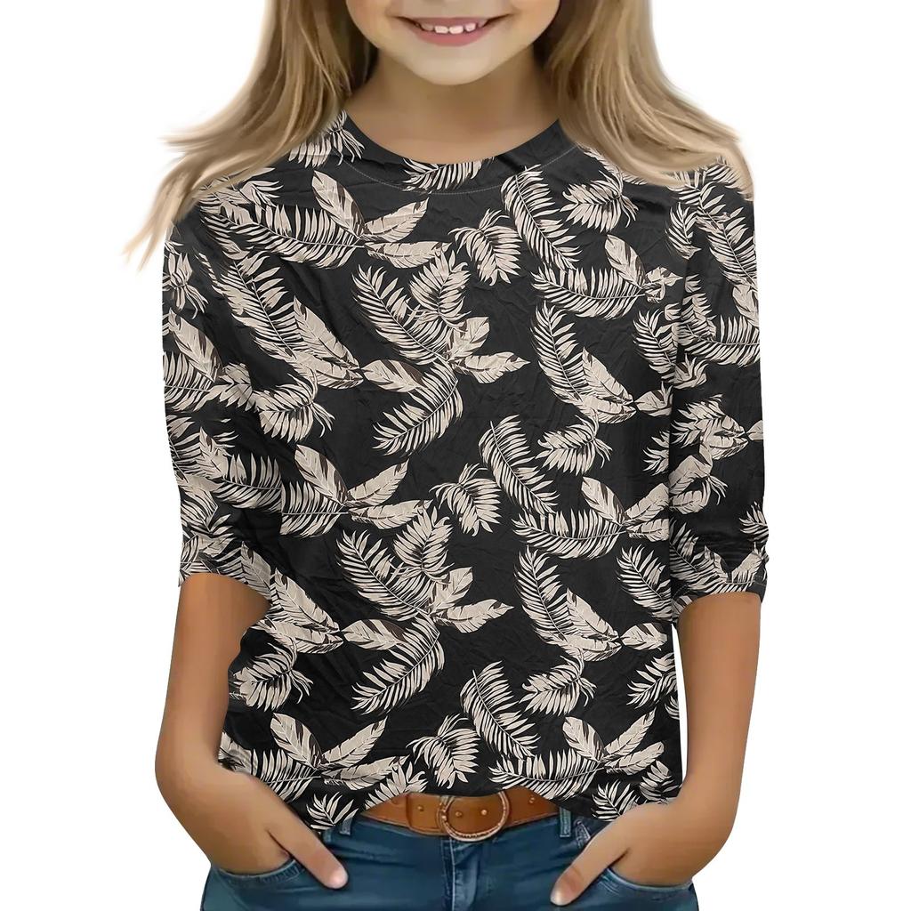Print Tops For Youth Girls 5-16 Years Round Neck 3/4 Sleeves T-Shirts Trendy Tops Outfit Tees