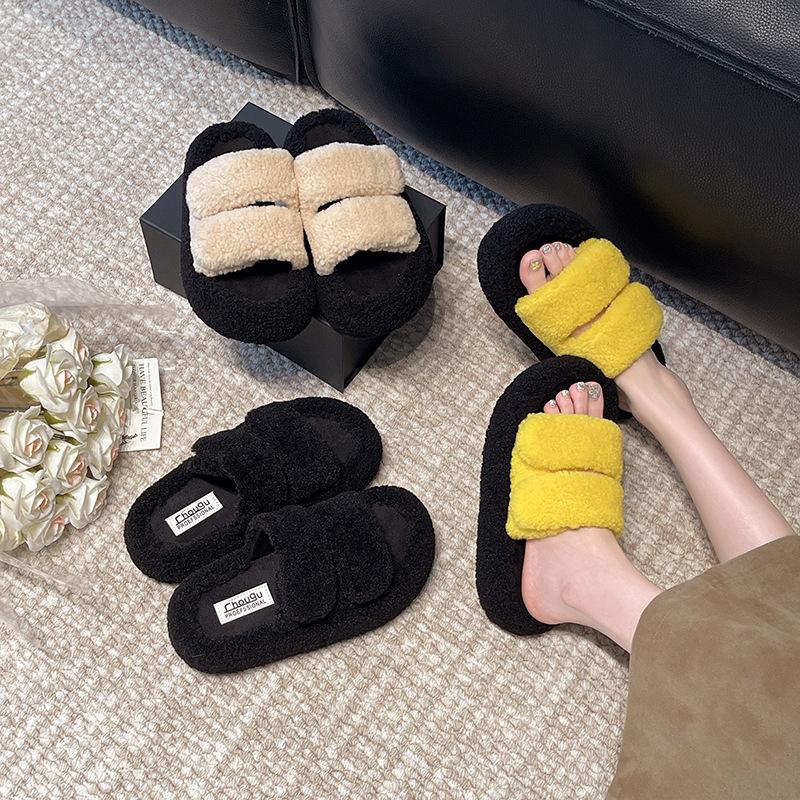 Пушистые тапочки на толстой подошве для женской уличной обуви, бархат одним словом для сохранения тепла и увеличения роста, осень и зима 2025 новый хлопок из норки