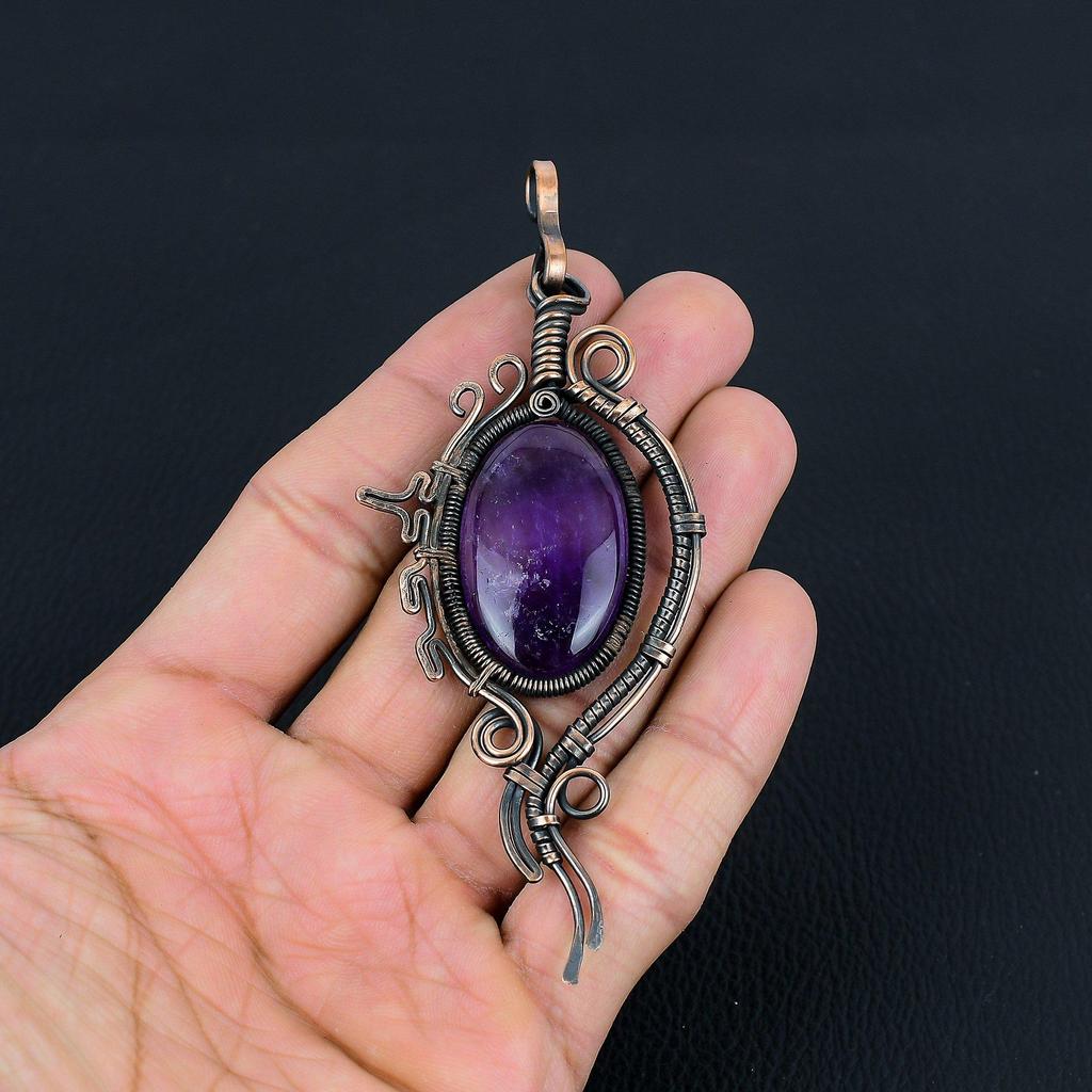 Gorgeous Amethyst Gemstone Handmade Pure Copper Wire Wrap Jewelry Pendant For Gift