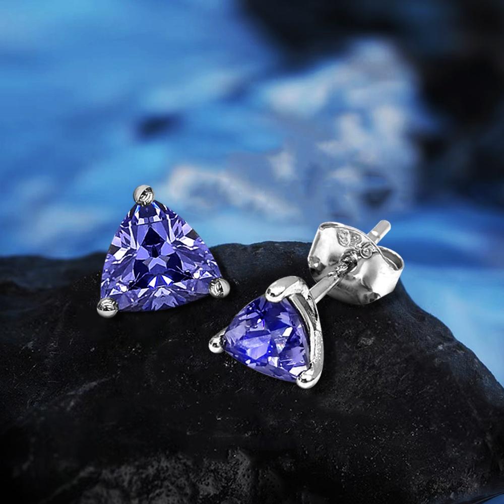 2 Pair Tanzanite Stud Earrings Rectangle Triangle 925 Sterling Silver Earring Jewelry Sets