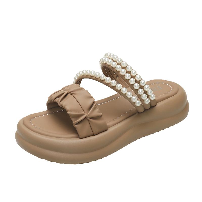 Верхняя одежда, тапочки-маффины с жемчужными складками, женские летние пляжные тапочки с толстой подошвой, одно слово, перетянутое двумя носками, сандалии, тапочки, женская модная женская обувь