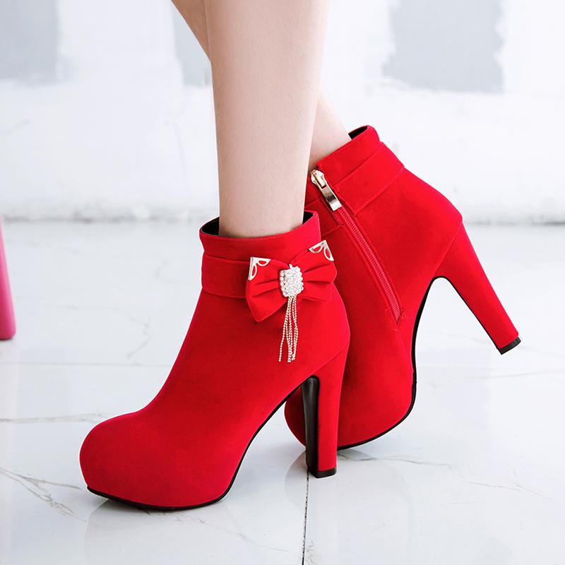 2024 Large Size 32-43 Platform Bow Women Shoes Woman Fashion High Heels Winter Ankle Boots Female Footwear Black Blue Yhj89