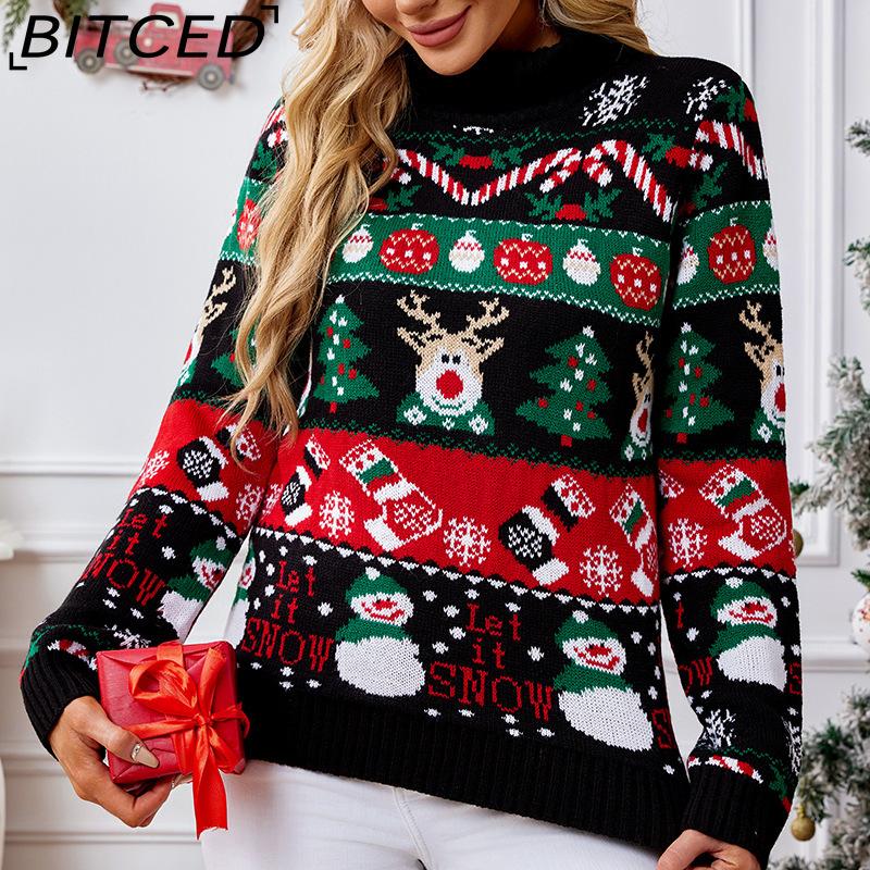 BITCED Women's Long-Sleeve High-Neck Sweater Fall/Winter Pullover Snowman Christmas Sweater