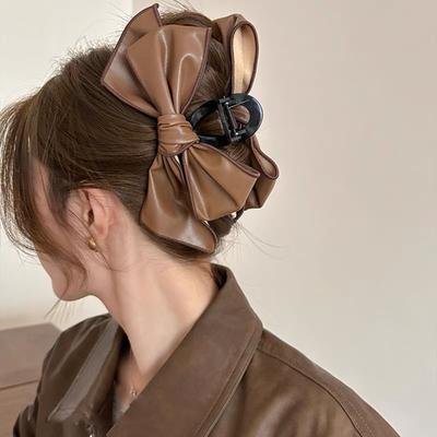 Кожаный бант Заколка для волос Черный кофе Заколка для волос Женская Большая Зажим-акула для хвостика Вечеринка Пляжный Отпуск Укладка волос Зажим-краб для волос Заколка