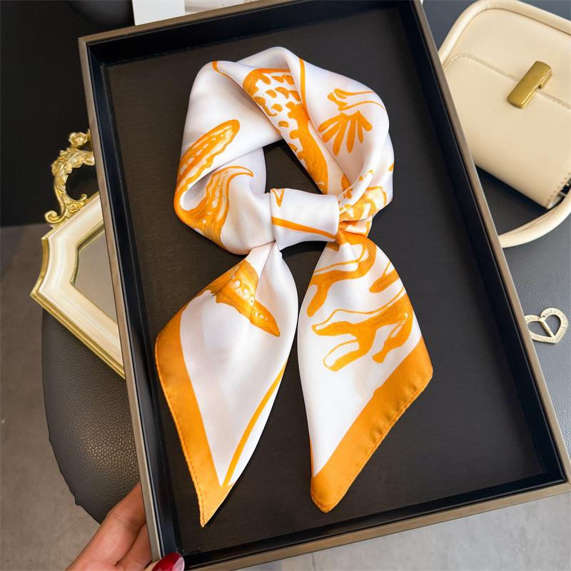 NEW Orange Silk Scarf Mermaid Pattern Neckerchief Women's Luxury Silk Square Shawl Purse Scarf for Women Designer Silk Headscarf