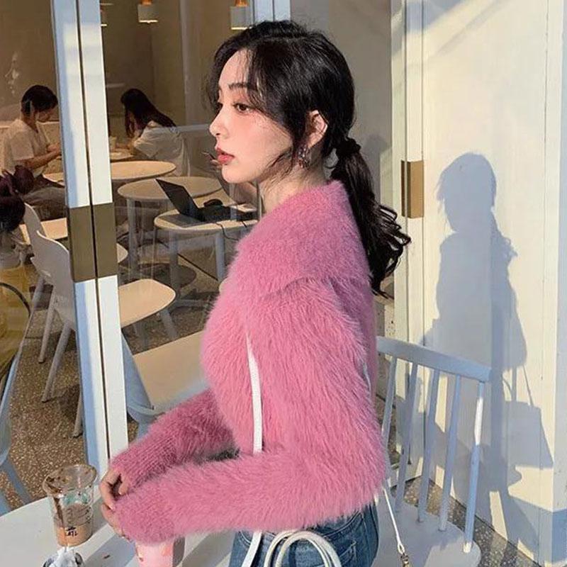Норковый флисовый кардиган, свитер, женский короткий свитер-поло, мягкий восковой осенний однотонный вязаный кардиган с ромбовидными пуговицами, маленький ароматный свитер, пальто