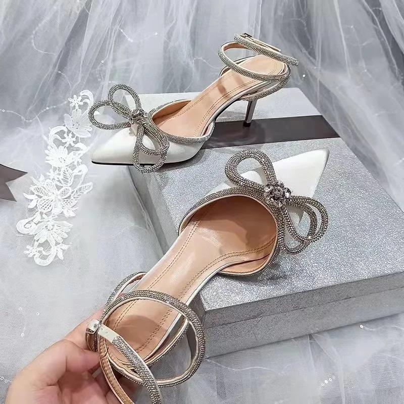 Fashion Women Fashion Glitter Rhinestones Pumps Ladies Sexy Crystal Bowknot Satin High Heels Party Shoes Summer Party Wedding Prom Shoes