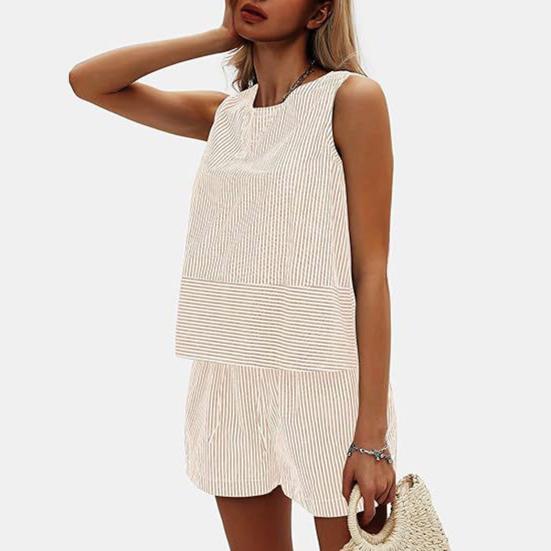 Женские летние комплекты из 2 предметов: майка без рукавов, шорты, повседневные полосатые спортивные костюмы, комплект для отпуска на пляже