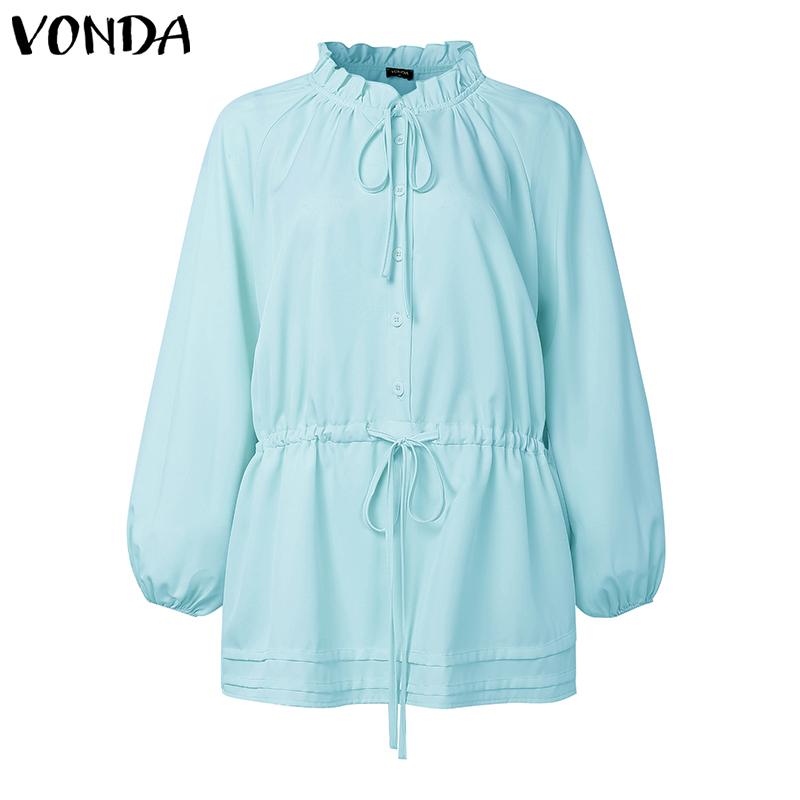 VONDA Женские повседневные блузки-рубашки с воротником-стойкой, однотонные, с длинным рукавом, с кулиской на талии
