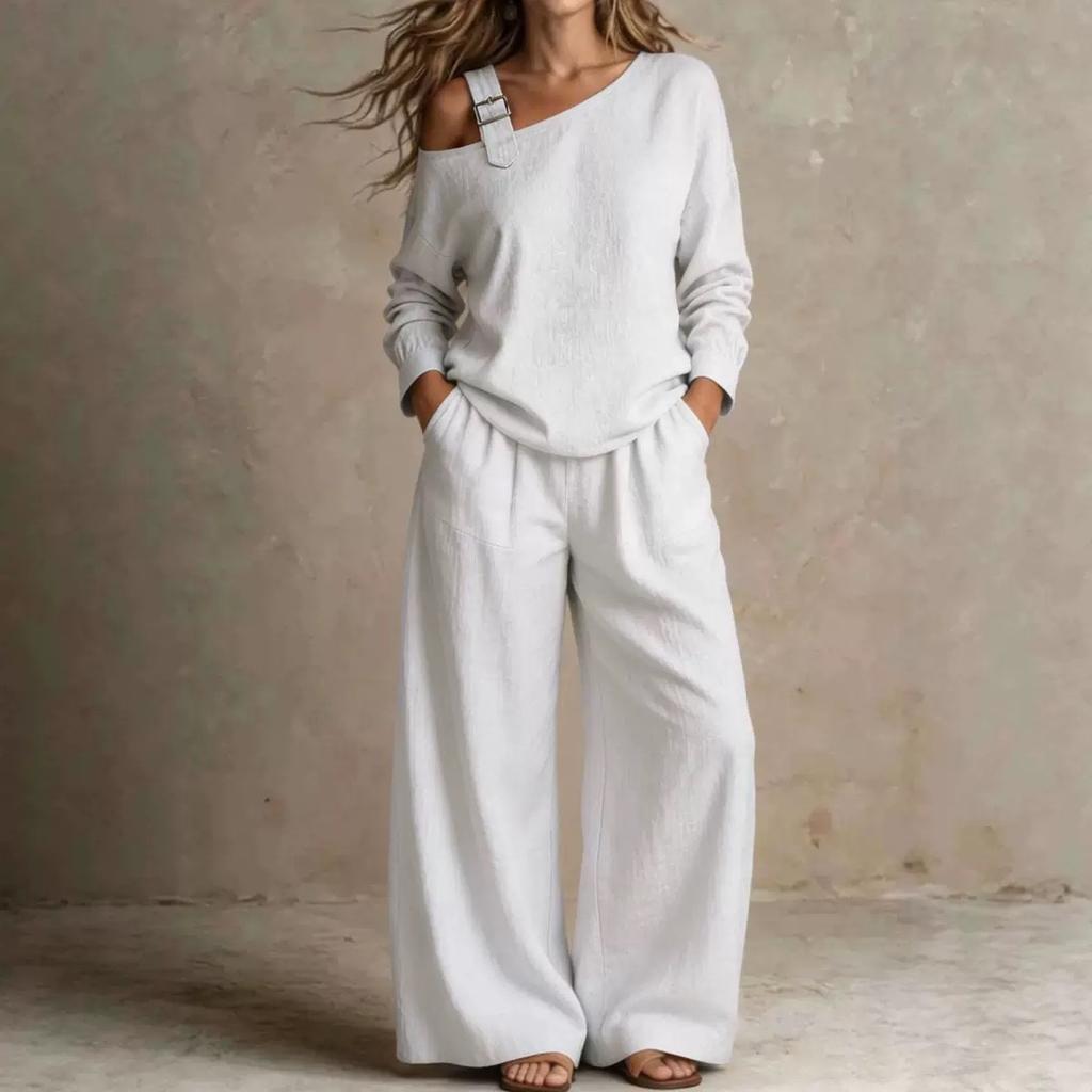 Women's casual loose women's fashion shoulder sweater wide-leg pants autumn two-piece set